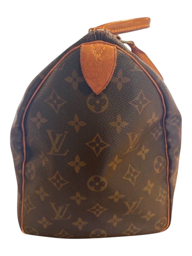 Posh Purse Co Louis Vuitton Speedy 35 monogram canvas handbag with natural vachetta leather trim and rolled handles.