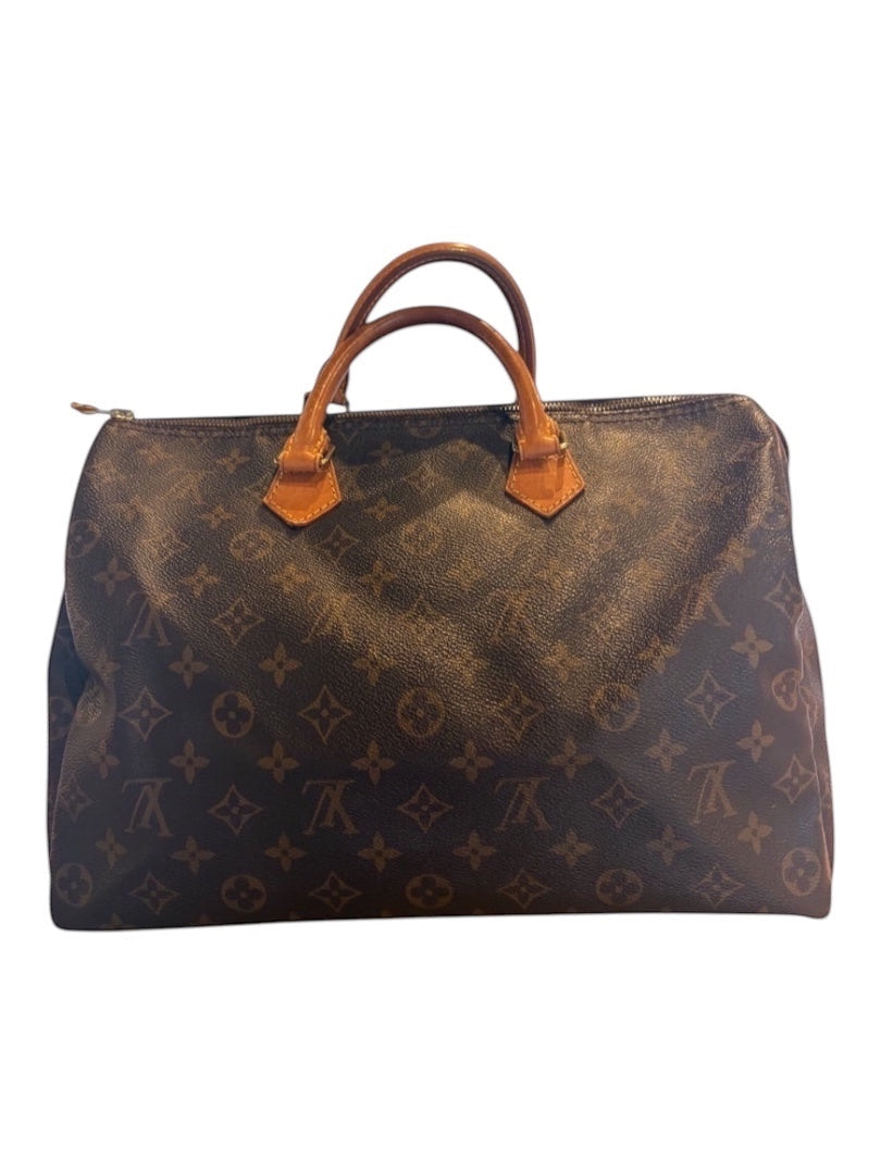 Posh Purse Co Louis Vuitton Speedy 35 monogram canvas handbag with brown leather trim and handles.