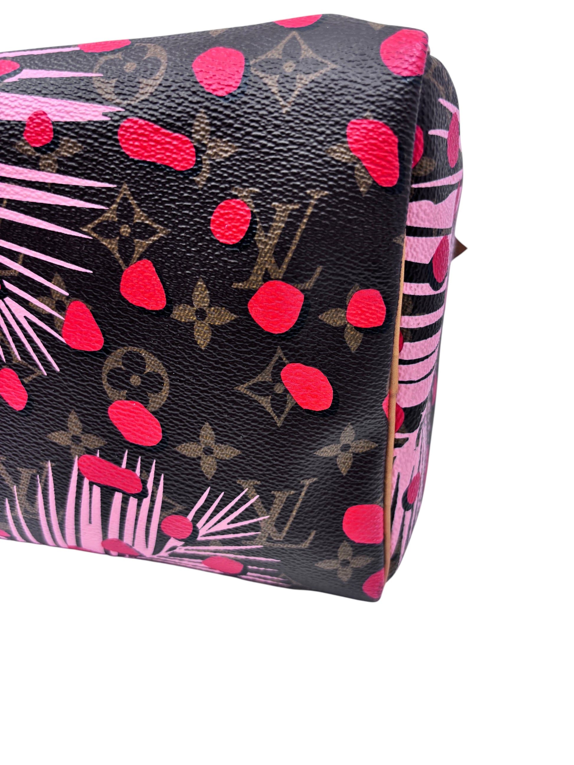 Posh Purse Co Louis Vuitton Speedy 30 Jungle Dots bag side view featuring pink and poppy palm print on monogram canvas