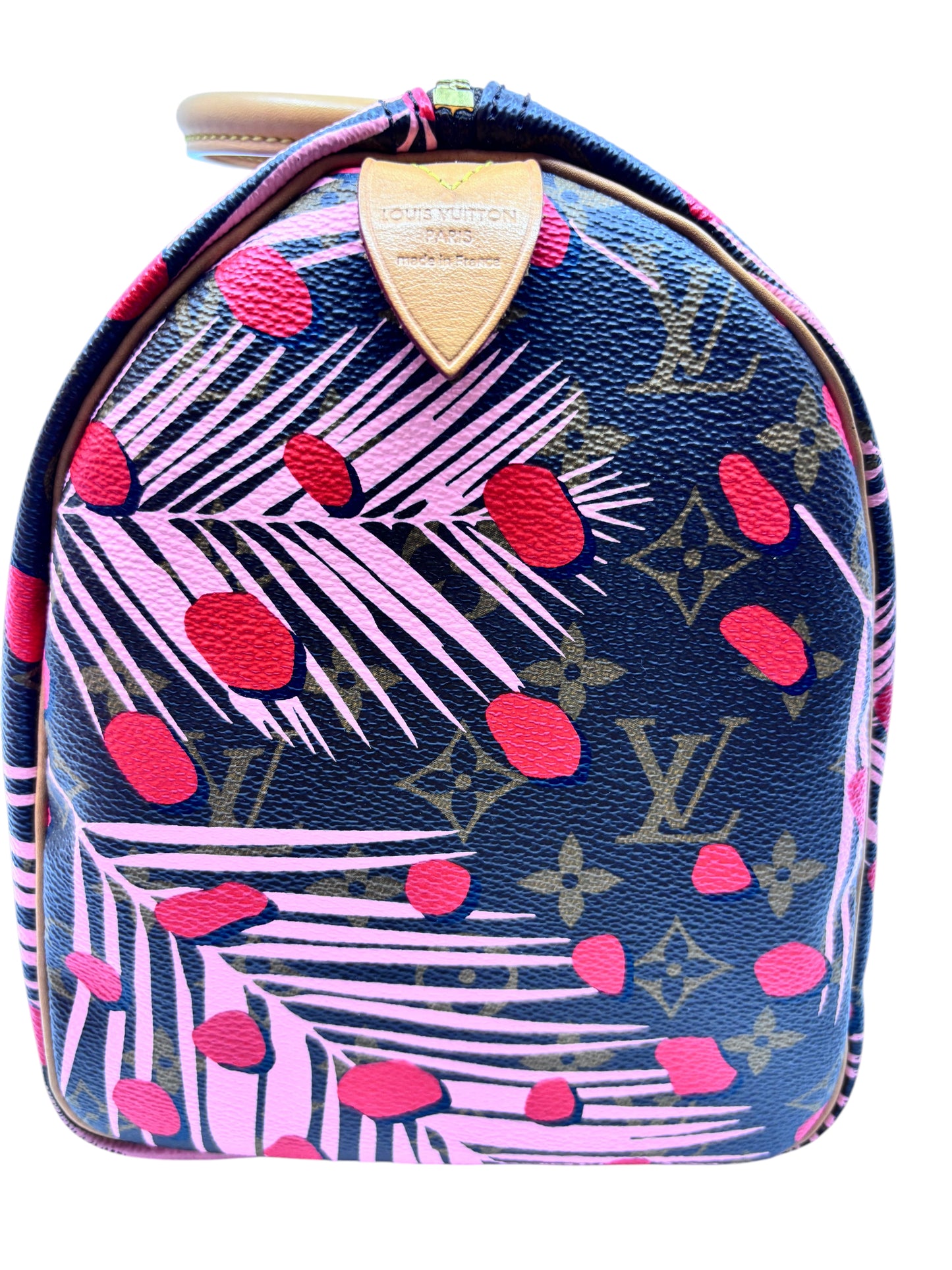 Posh Purse Co Louis Vuitton Speedy 30 Jungle Dots bag in monogram canvas with pink and poppy palm print side view