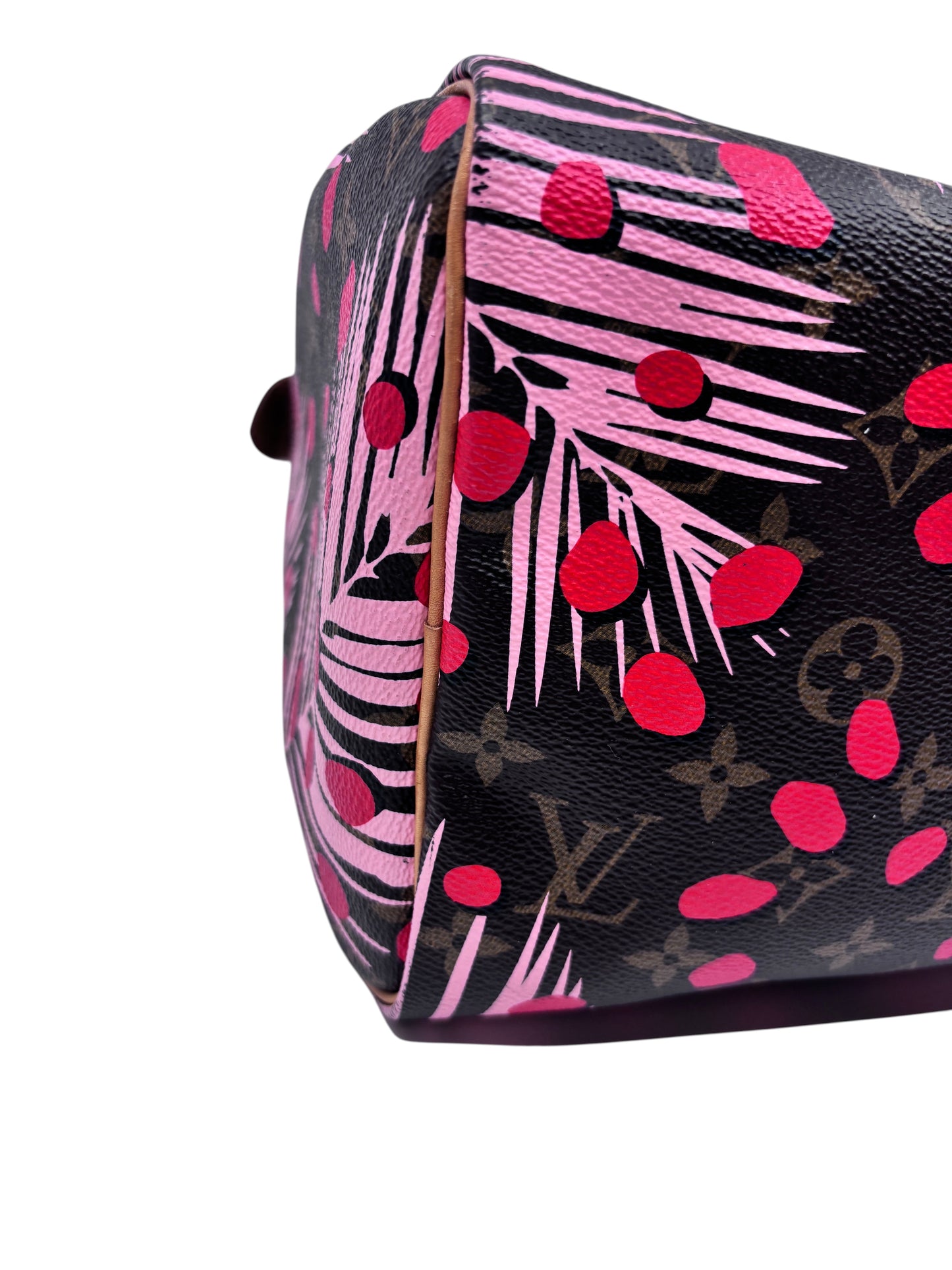 Posh Purse Co Louis Vuitton Speedy 30 Jungle Dots bag side view showing pink and poppy palm print on monogram canvas