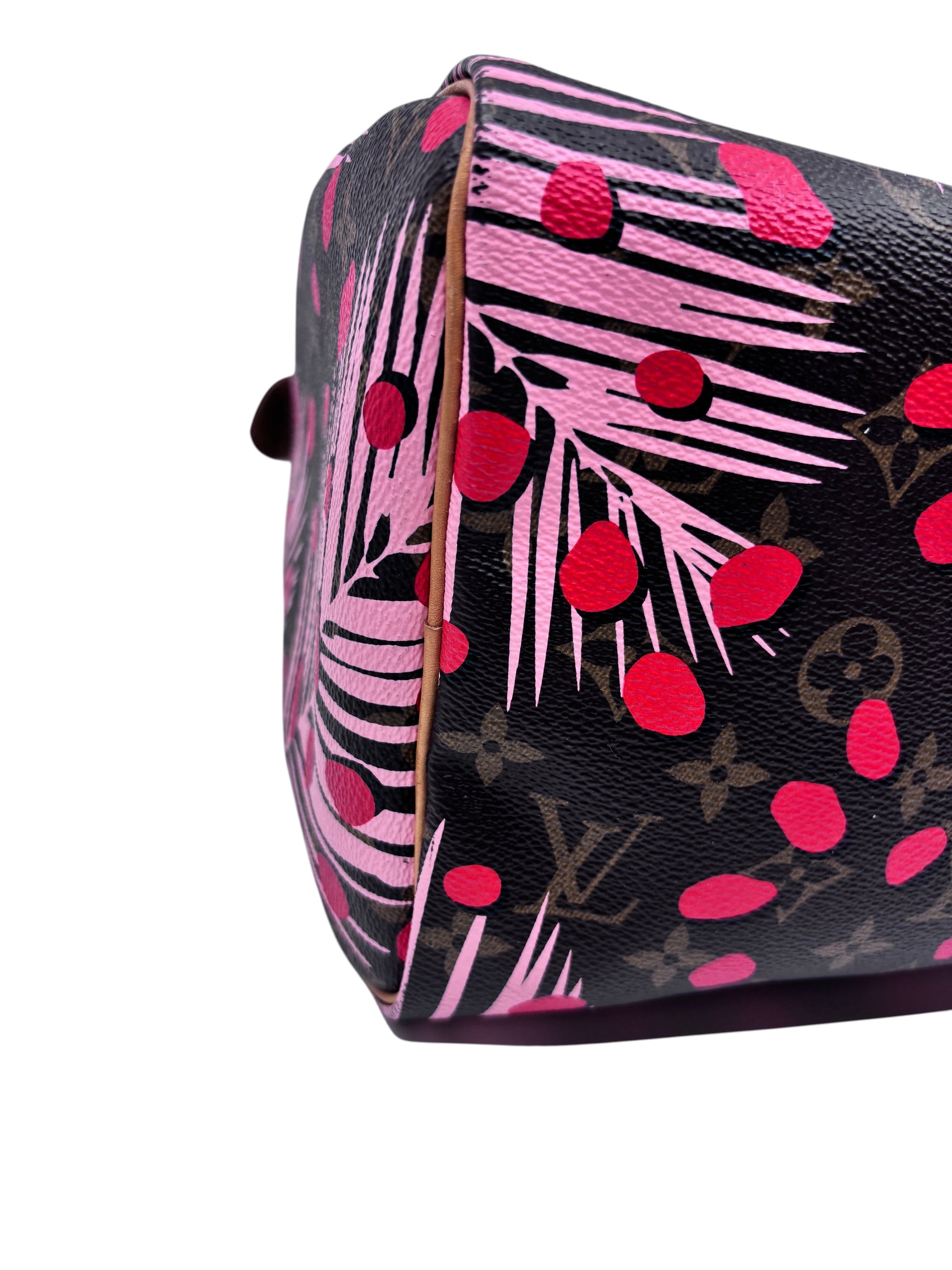 Posh Purse Co Louis Vuitton Speedy 30 Jungle Dots bag side view showing pink and poppy palm print on monogram canvas
