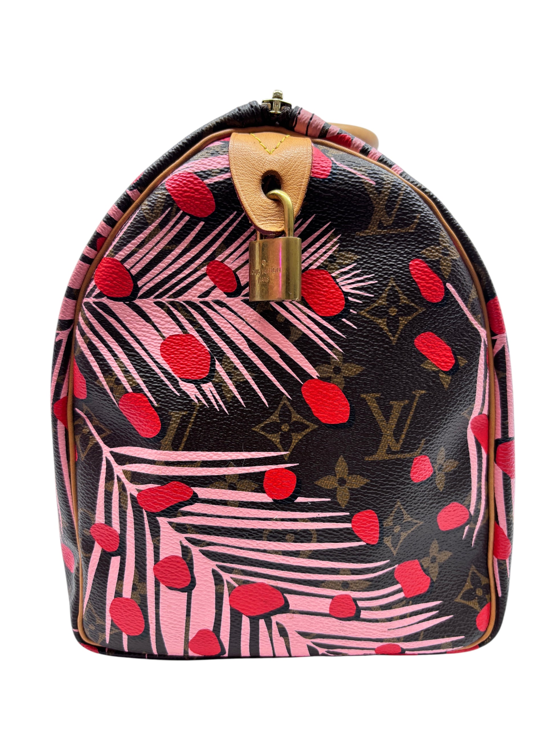 Posh Purse Co Louis Vuitton Speedy 30 Jungle Dots bag in monogram canvas with pink palm print and gold padlock