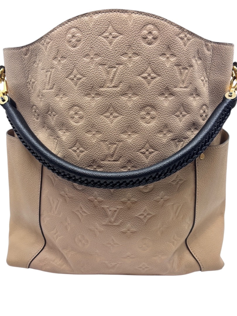 Posh Purse Co tan Louis Vuitton Empreinte Bagatelle hobo bag with embossed monogram leather and braided black handle