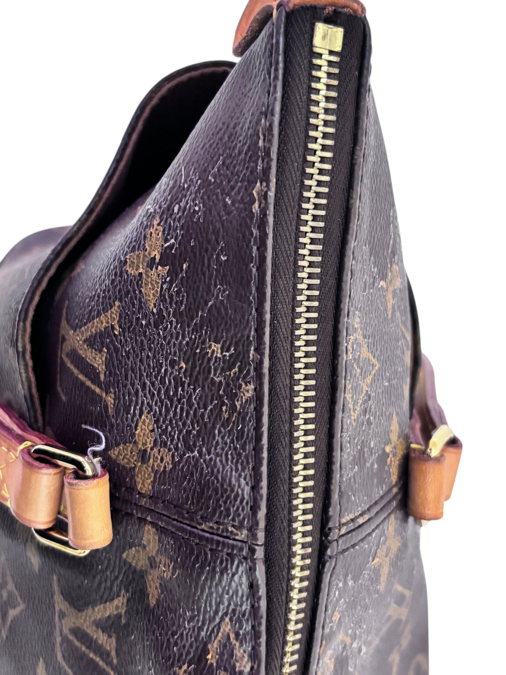 Posh Purse Co Louis Vuitton Totally PM monogram canvas tote bag side view showing zipper and vachetta leather trim