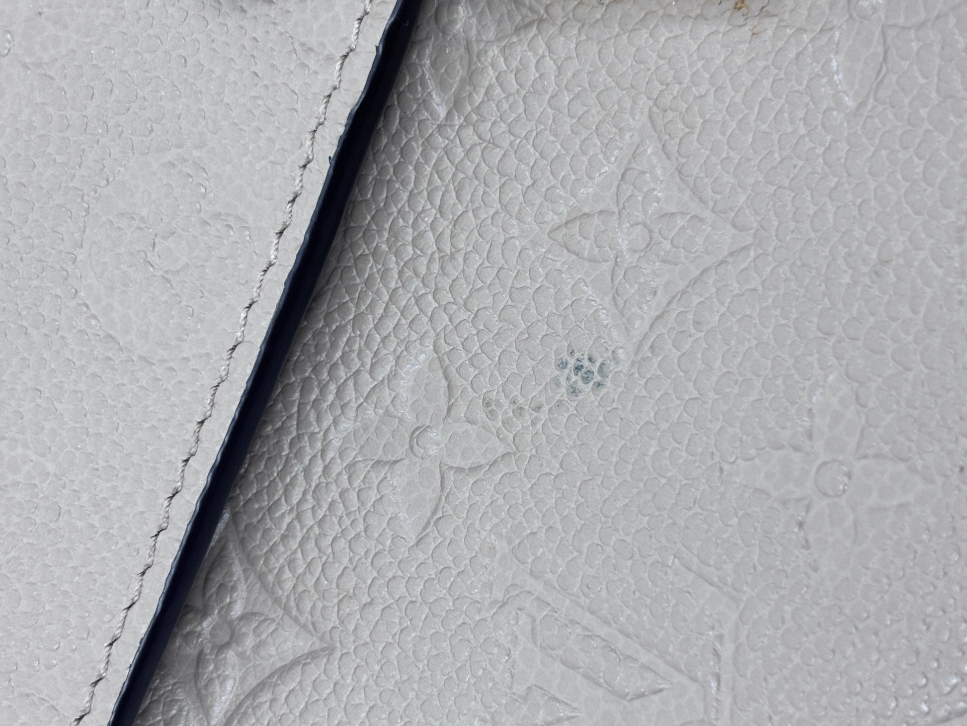 Close-up of Posh Purse Co preloved Louis Vuitton Pochette Metis in Turtledove beige embossed Monogram Empreinte leather