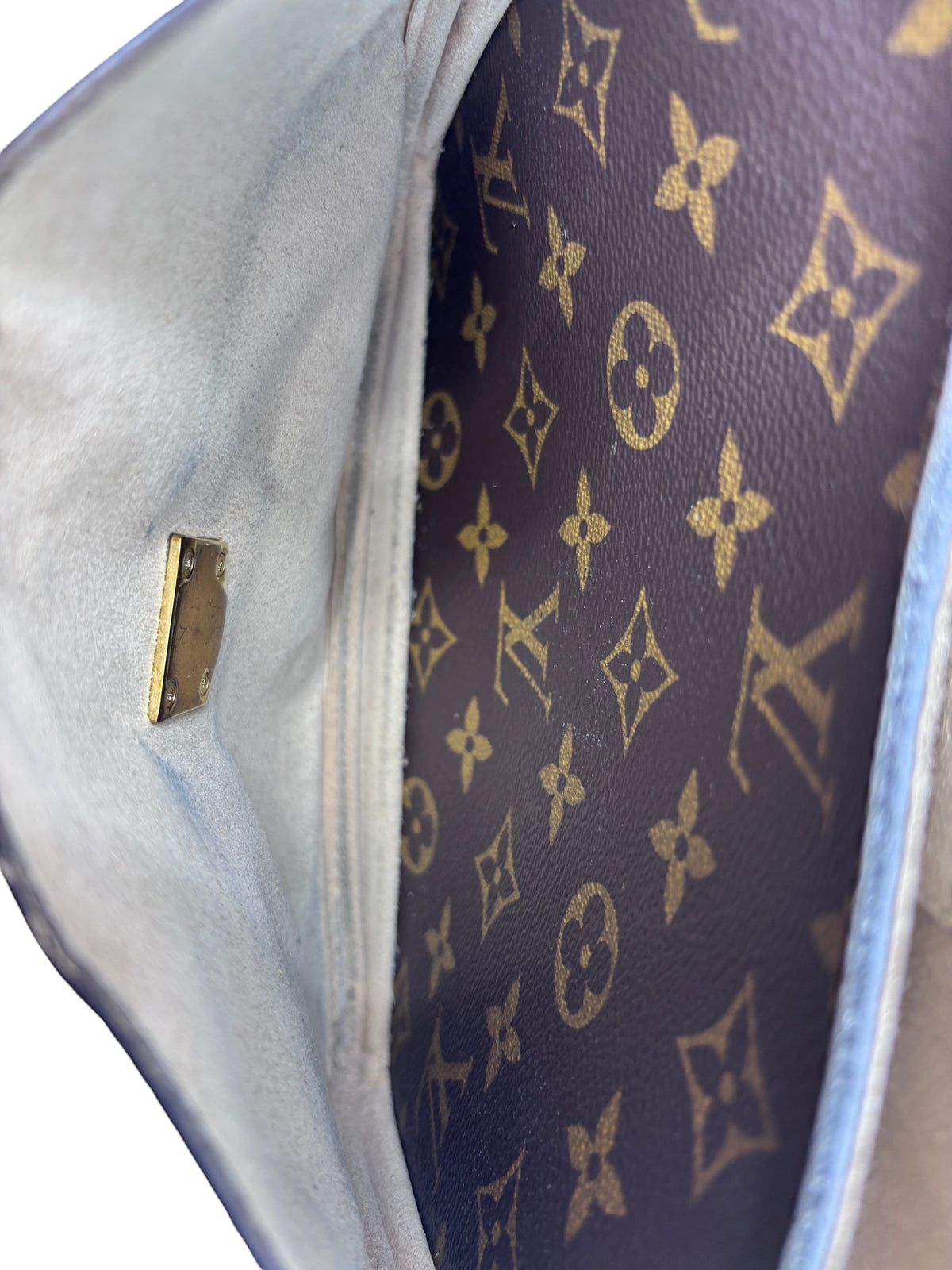 Posh Purse Co. Louis Vuitton Vaugirard bag interior showing brown monogram coated canvas and light grey lining