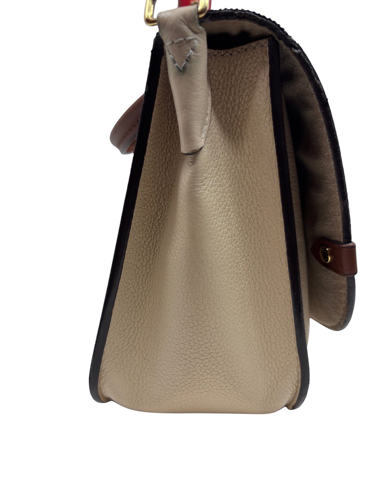 Side view of Posh Purse Co. Louis Vuitton Vaugirard bag in beige grained leather with brown trim and gold hardware