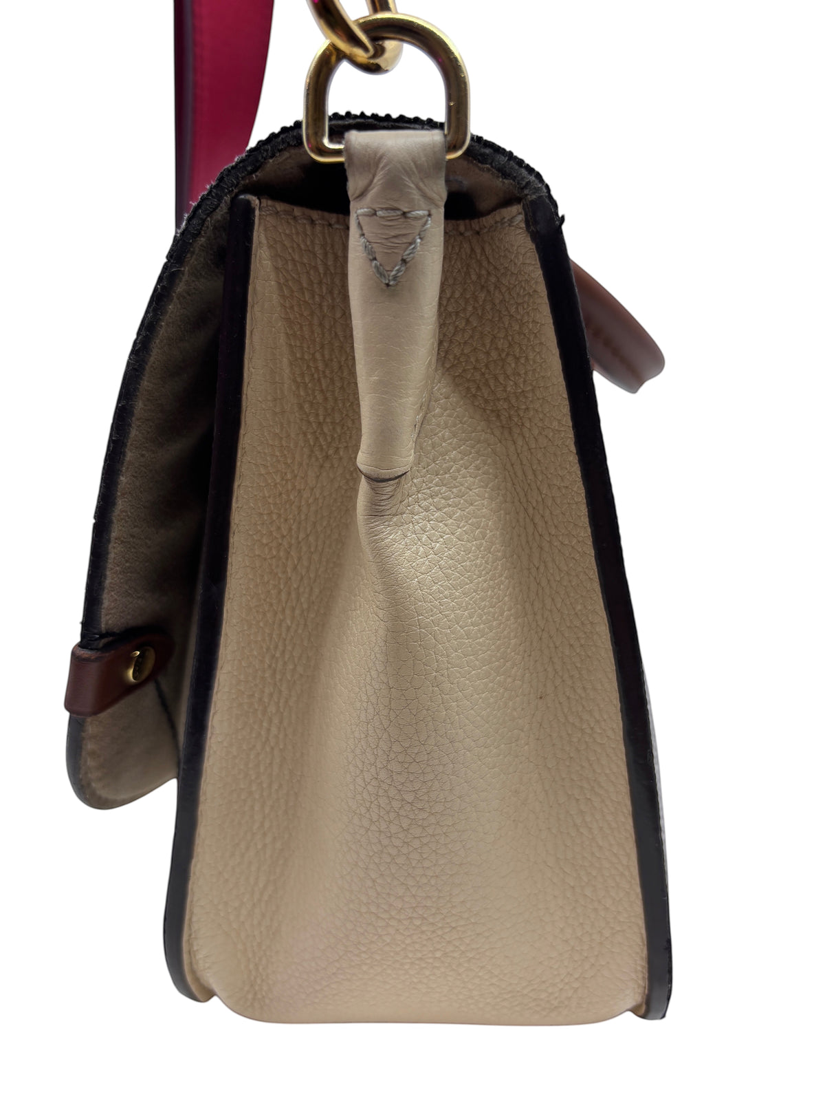 Side view of Posh Purse Co Louis Vuitton Vaugirard bag featuring beige grained leather and gold-tone hardware