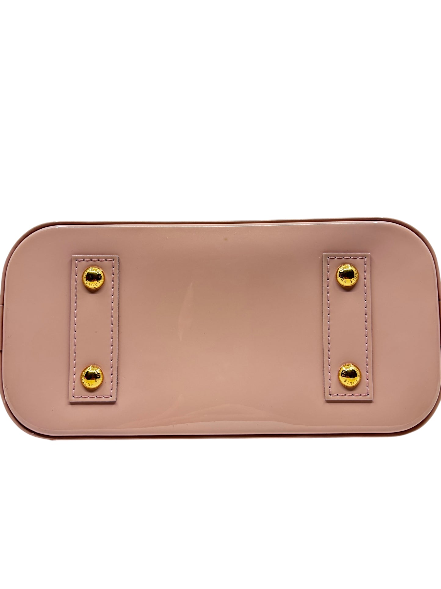 Posh Purse Co Louis Vuitton Vernis Alma BB pink patent leather handbag base with four polished gold protective studs
