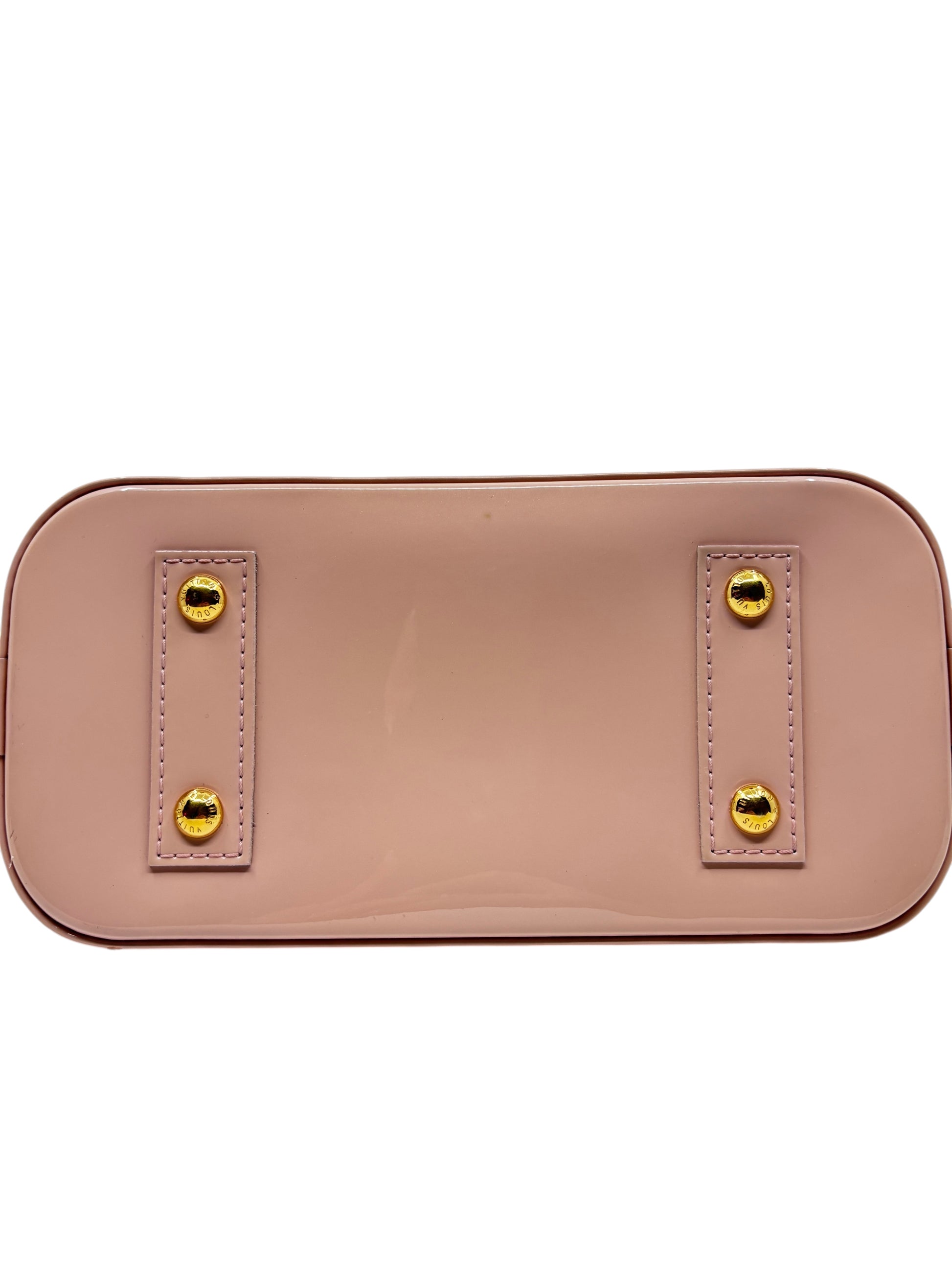 Posh Purse Co Louis Vuitton Vernis Alma BB pink patent leather handbag base with four polished gold protective studs