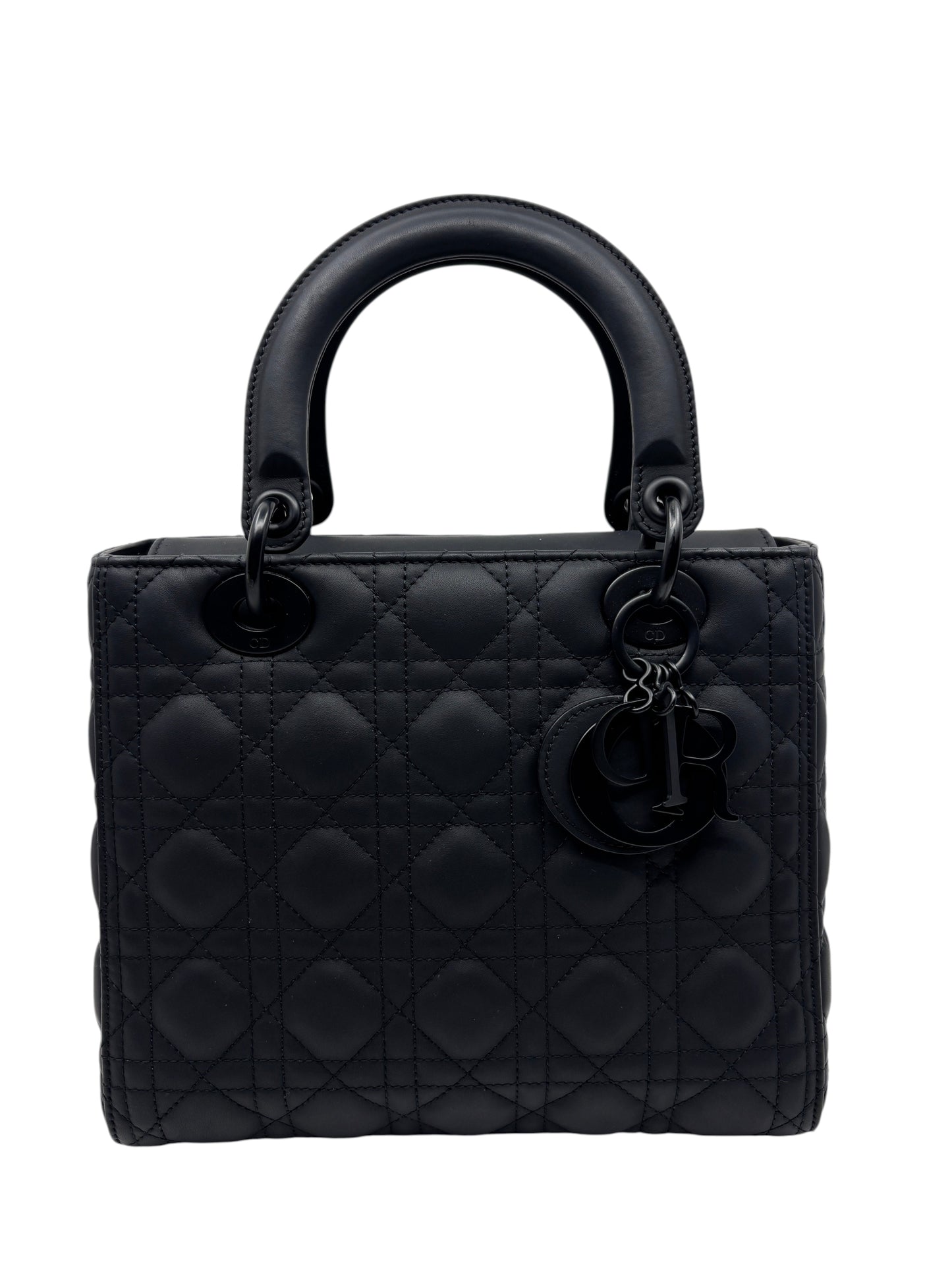 Posh Purse Co. medium Lady Dior handbag in matte black leather with signature cannage quilting and DIOR letter charms.