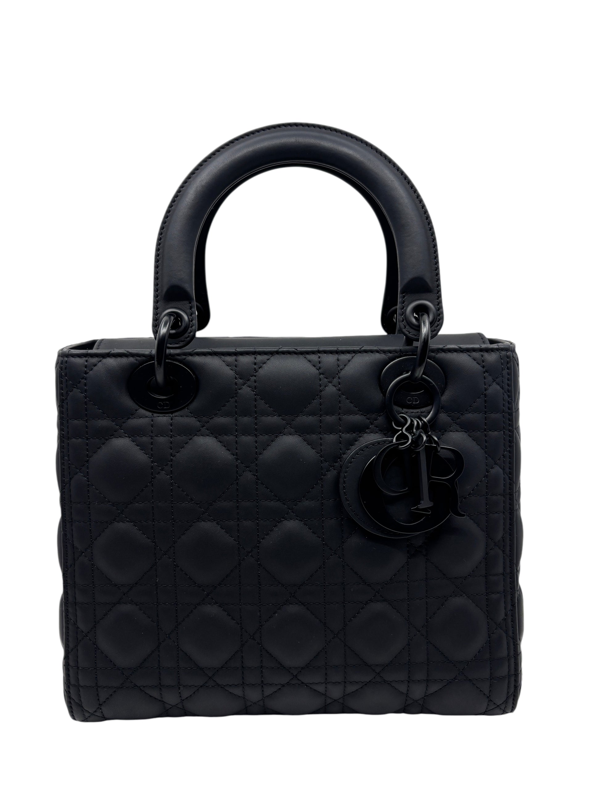 Posh Purse Co. medium Lady Dior handbag in matte black leather with signature cannage quilting and DIOR letter charms.