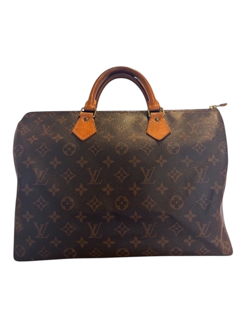 Posh Purse Co Monogram Louis Vuitton Speedy 35 handbag with brown monogram canvas and tan leather trim and handles.