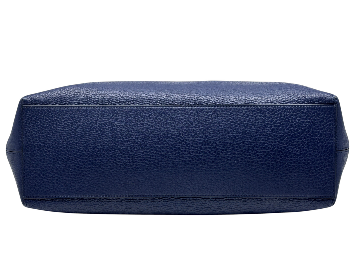 Posh Purse Co navy grained calfskin leather base of a Valentino Rockstud shoulder tote bag