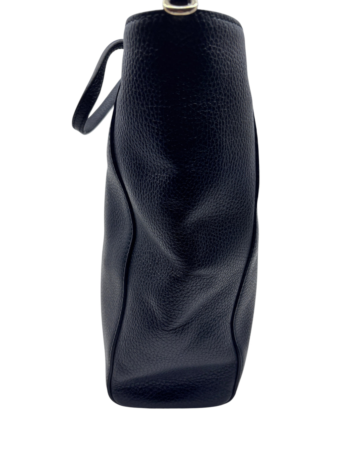 Posh Purse Co navy Gucci Swing tote bag side view showing textured leather and handle attachment