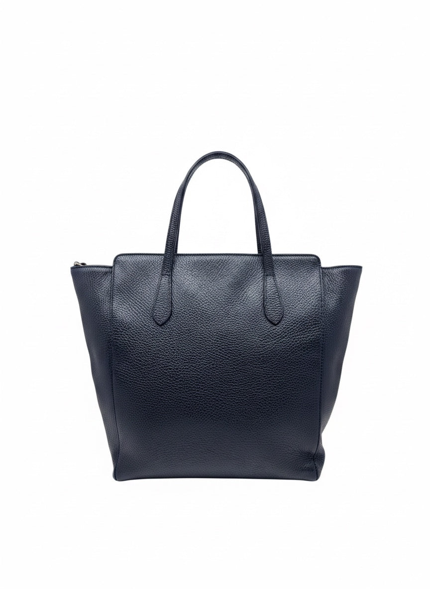 Posh Purse Co navy Gucci Swing tote bag with pebbled leather texture and dual top handles on a white background.