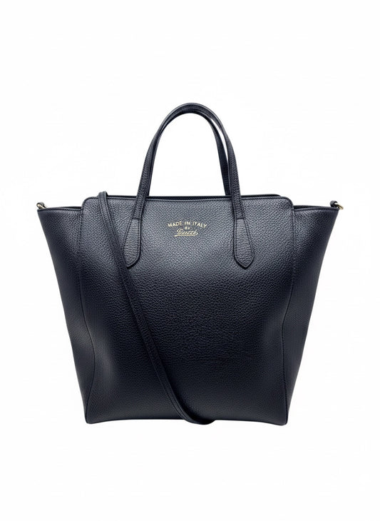 Posh Purse Co navy Gucci Swing tote bag with top handles and a crossbody strap in pebbled leather
