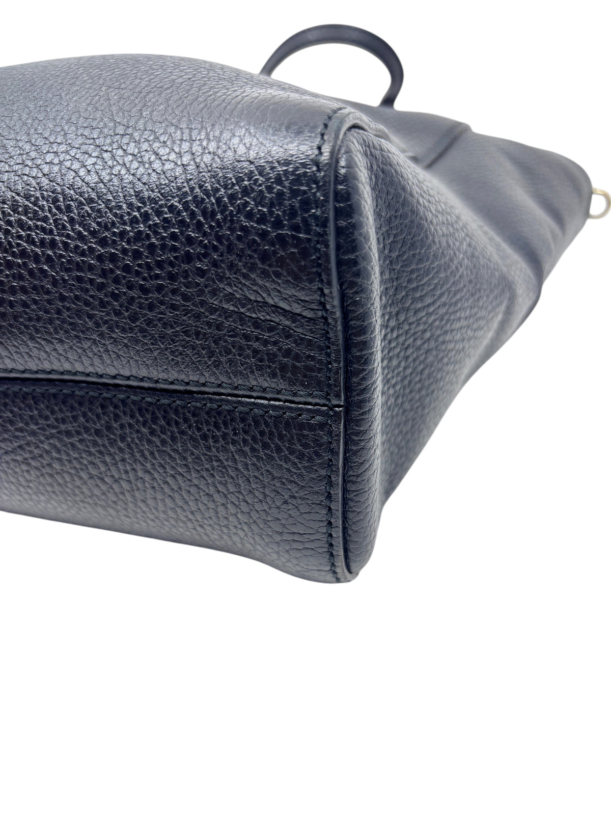 Posh Purse Co navy Gucci Swing tote bag showing detailed view of the textured leather base and side stitching