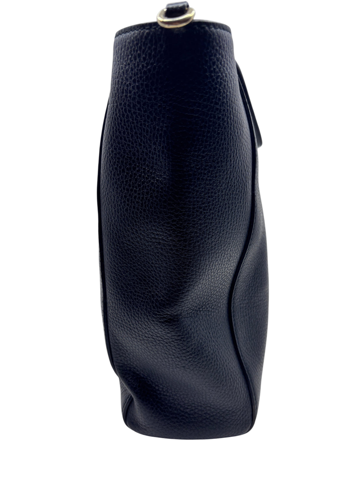 Side view of a navy blue pebbled leather Gucci Swing Tote from Posh Purse Co showing the curved silhouette.