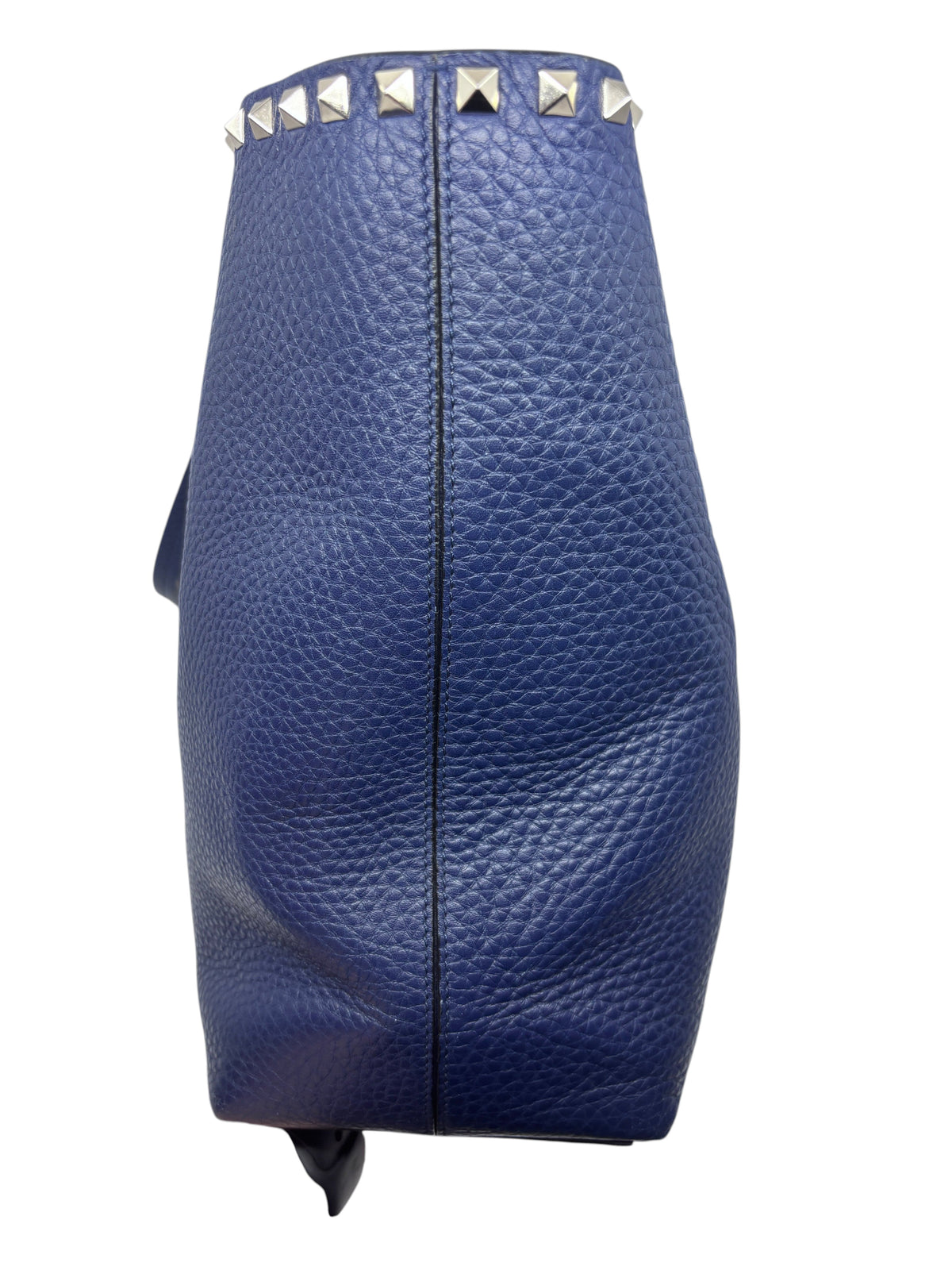 Posh Purse Co navy grained calfskin Valentino Rockstud shoulder tote bag with silver pyramid stud hardware