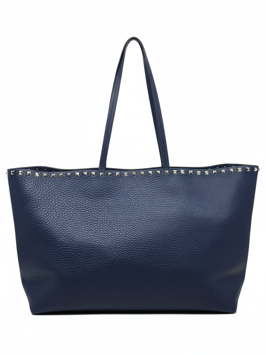 Posh Purse Co navy grained calfskin Valentino Rockstud shoulder tote with signature metal stud detailing