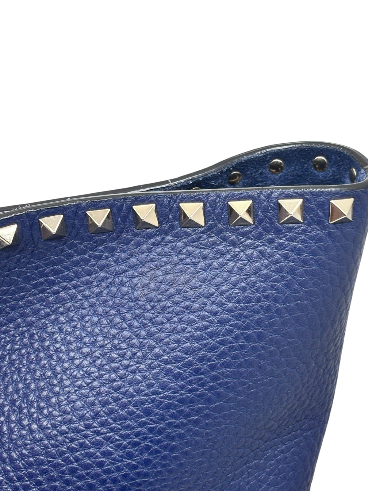 Posh Purse Co navy grained calfskin Valentino Rockstud tote bag with signature metallic pyramid stud detailing