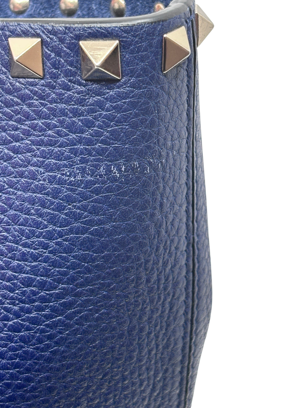 Posh Purse Co navy grained calfskin Valentino Rockstud tote bag showing textured leather and signature metal studs