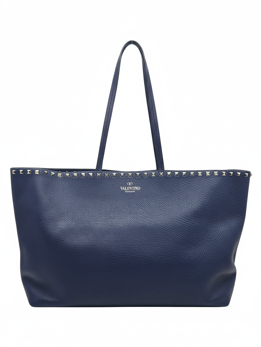 Posh Purse Co navy grained calfskin Valentino Rockstud shoulder tote with signature stud hardware