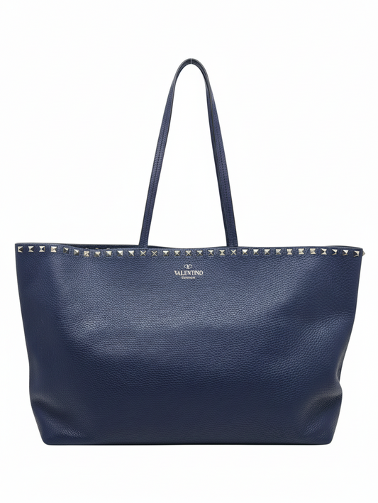 Posh Purse Co navy grained calfskin Valentino Rockstud shoulder tote with signature stud hardware