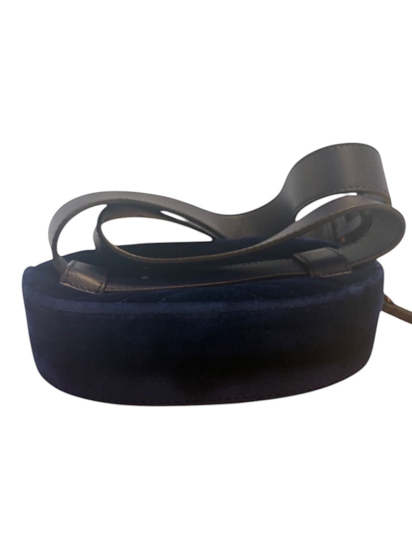 Posh Purse Co. navy blue velvet matelassé GG belt bag with leather strap and antique gold GG logo.