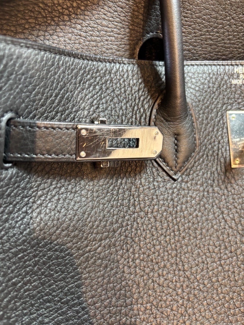 Posh Purse Co Noir Hermes Birkin 35 Togo leather handbag with palladium hardware and signature lock.