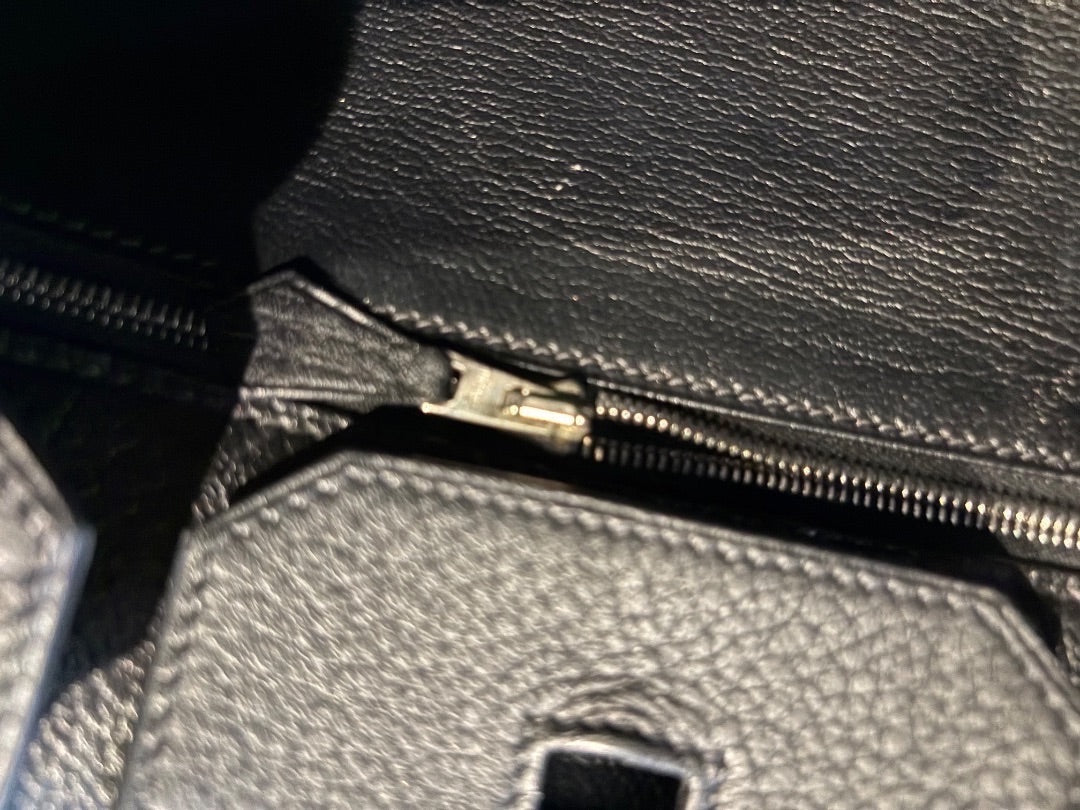 Posh Purse Co Noir Hermes Birkin 35 Togo leather bag interior detail with palladium zipper and lock hardware.