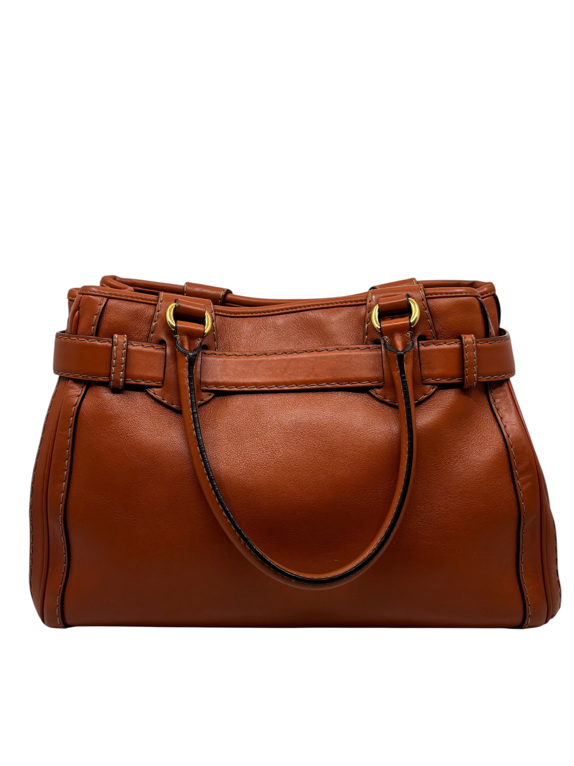 Posh Purse Co. preloved orange Gucci GG Running leather tote bag with gold-tone hardware and top handles.
