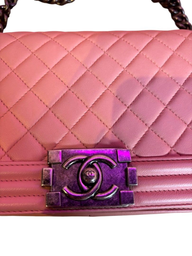 Posh Purse Co. pink quilted leather Chanel Boy Bag with antique-style hardware and CC logo closure.