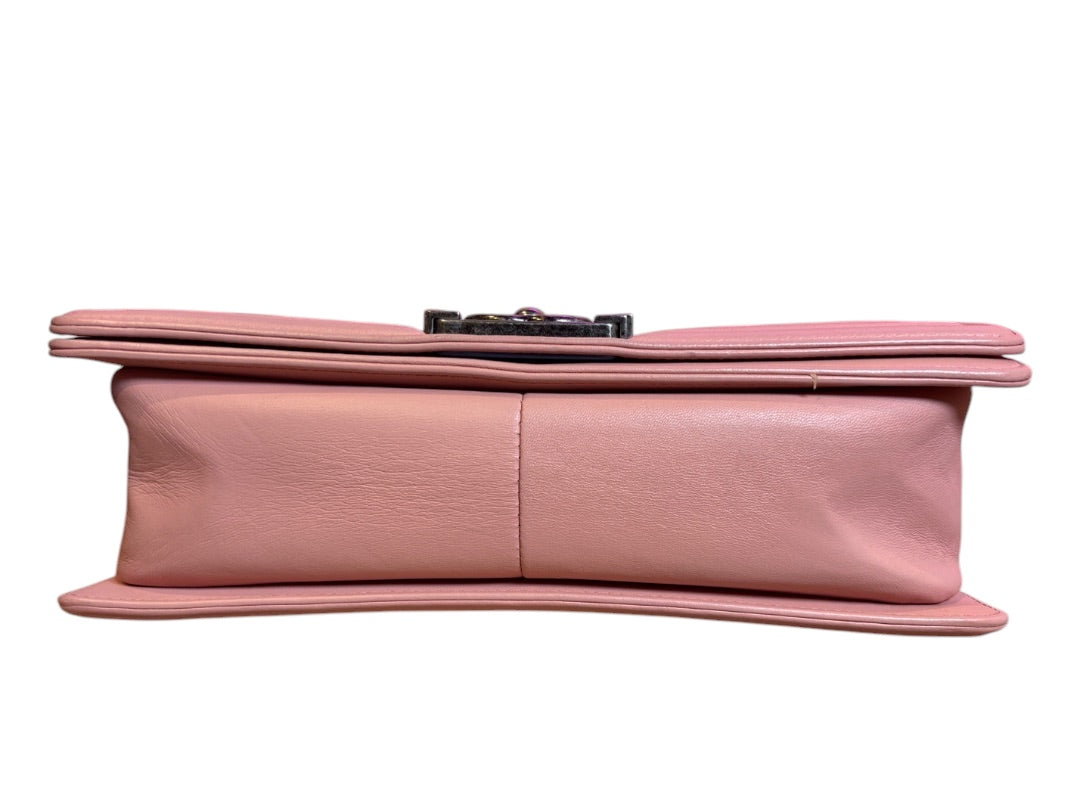 Posh Purse Co. pink leather Chanel Boy Bag, medium size, with antique-style hardware and push-lock closure.