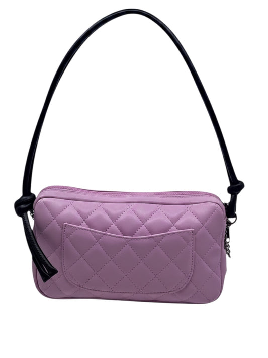 Posh Purse Co vintage Chanel Cambon Ligne bag in quilted pink leather with a black shoulder strap