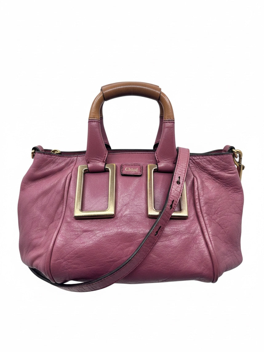 Posh Purse Co. preloved pink Chloé Ethel leather handbag with brown top handles and signature gold-tone hardware.