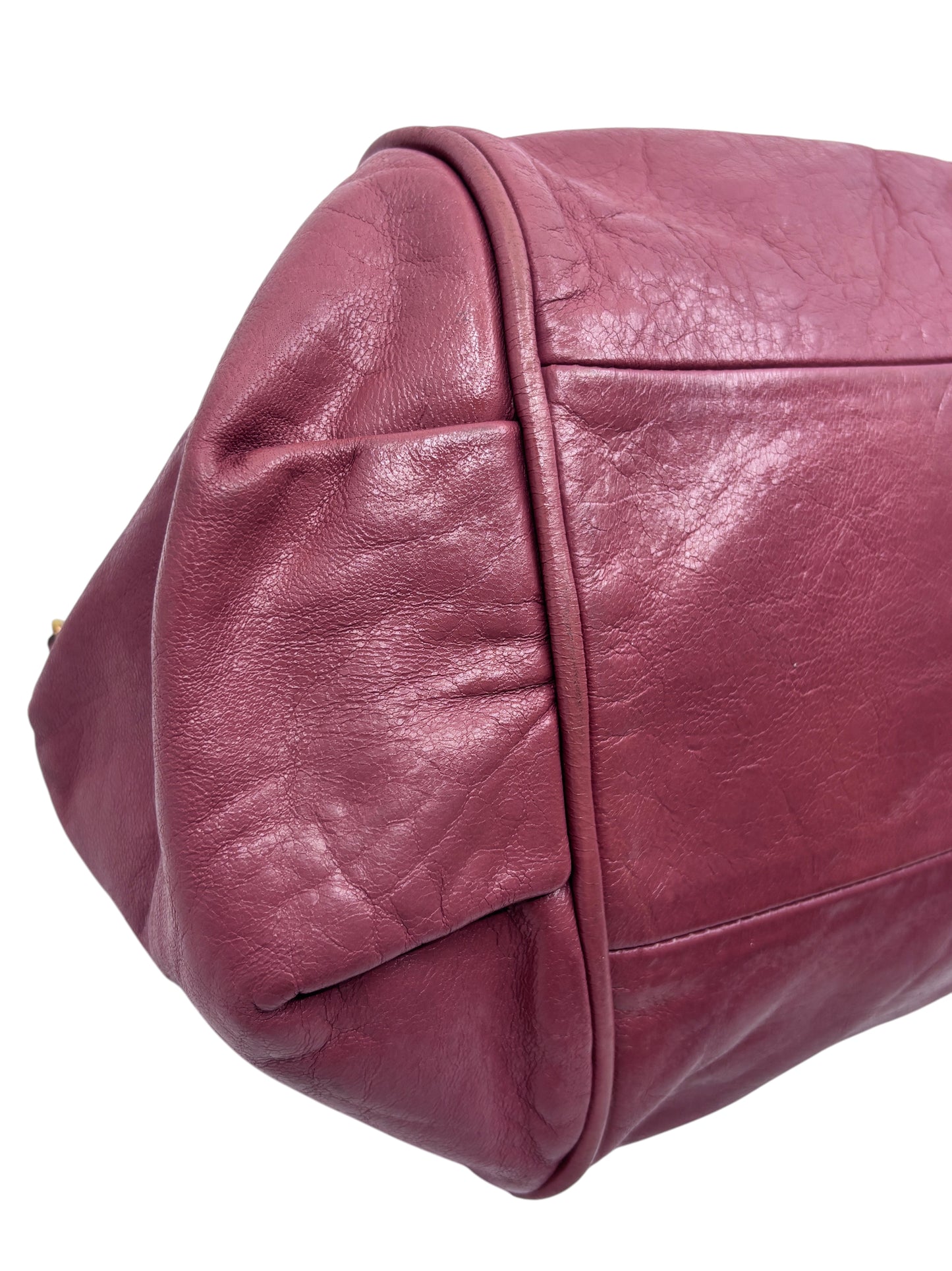Posh Purse Co. preloved pink Chloé Ethel leather handbag side view showing textured leather and stitching details.