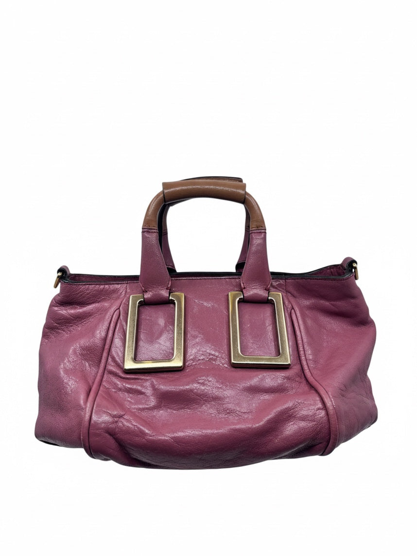 Posh Purse Co. preloved pink leather Chloé Ethel handbag with signature gold-tone hardware and brown top handles.