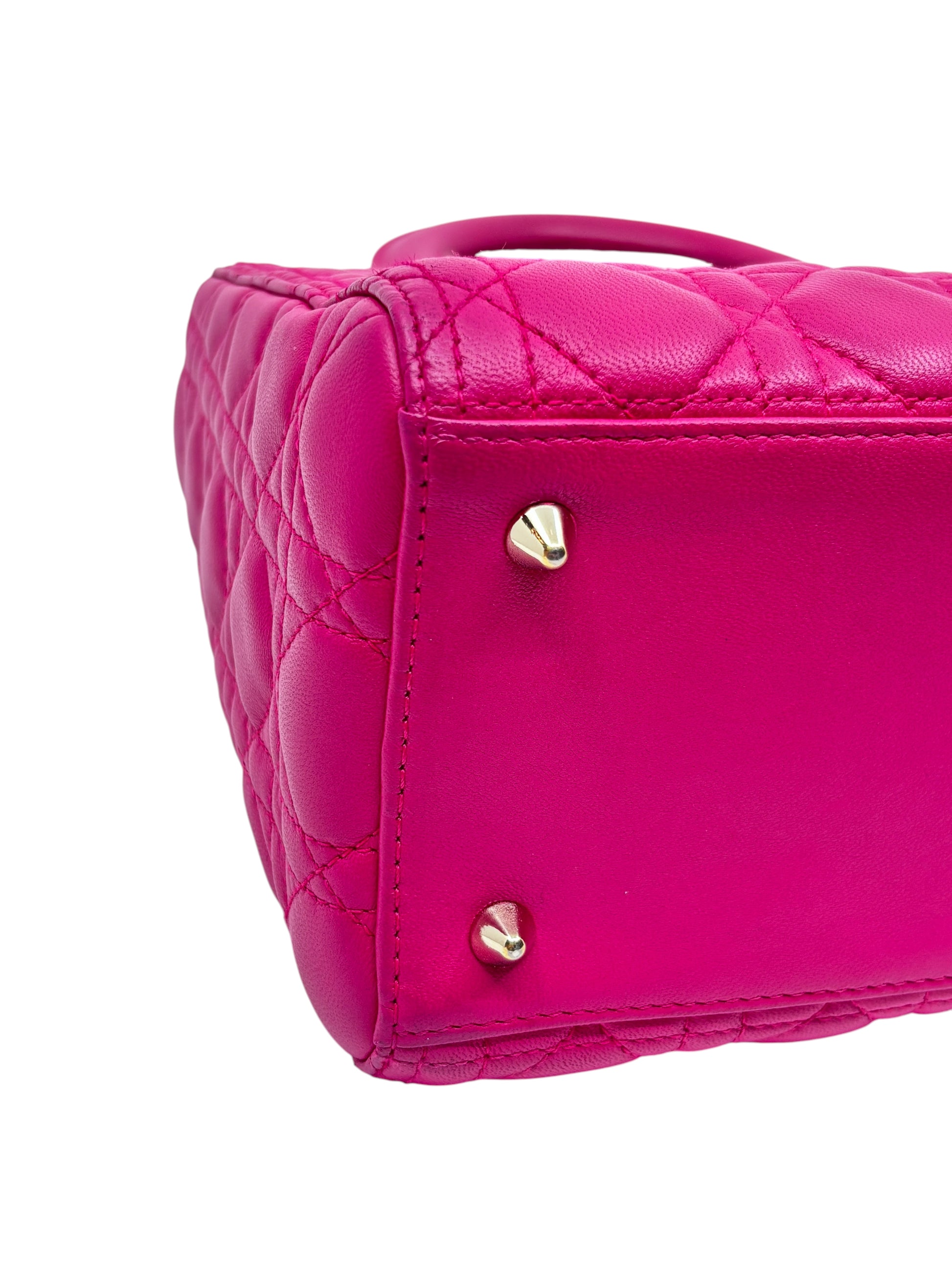Posh Purse Co pink medium Lady Dior bag featuring signature Cannage quilting and polished metal base studs