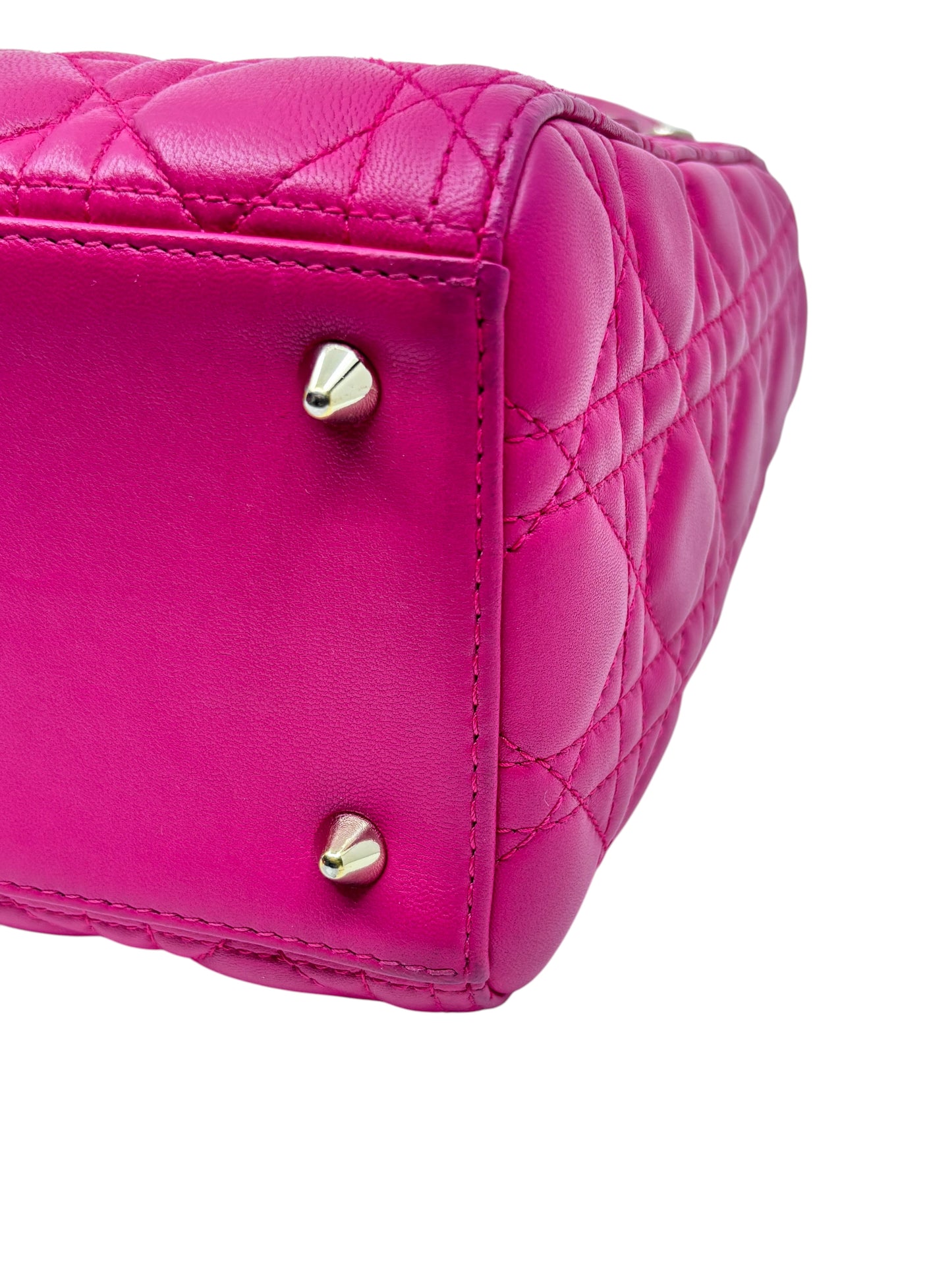 Posh Purse Co pink medium Lady Dior bag base with signature Cannage quilting and polished metal protective feet