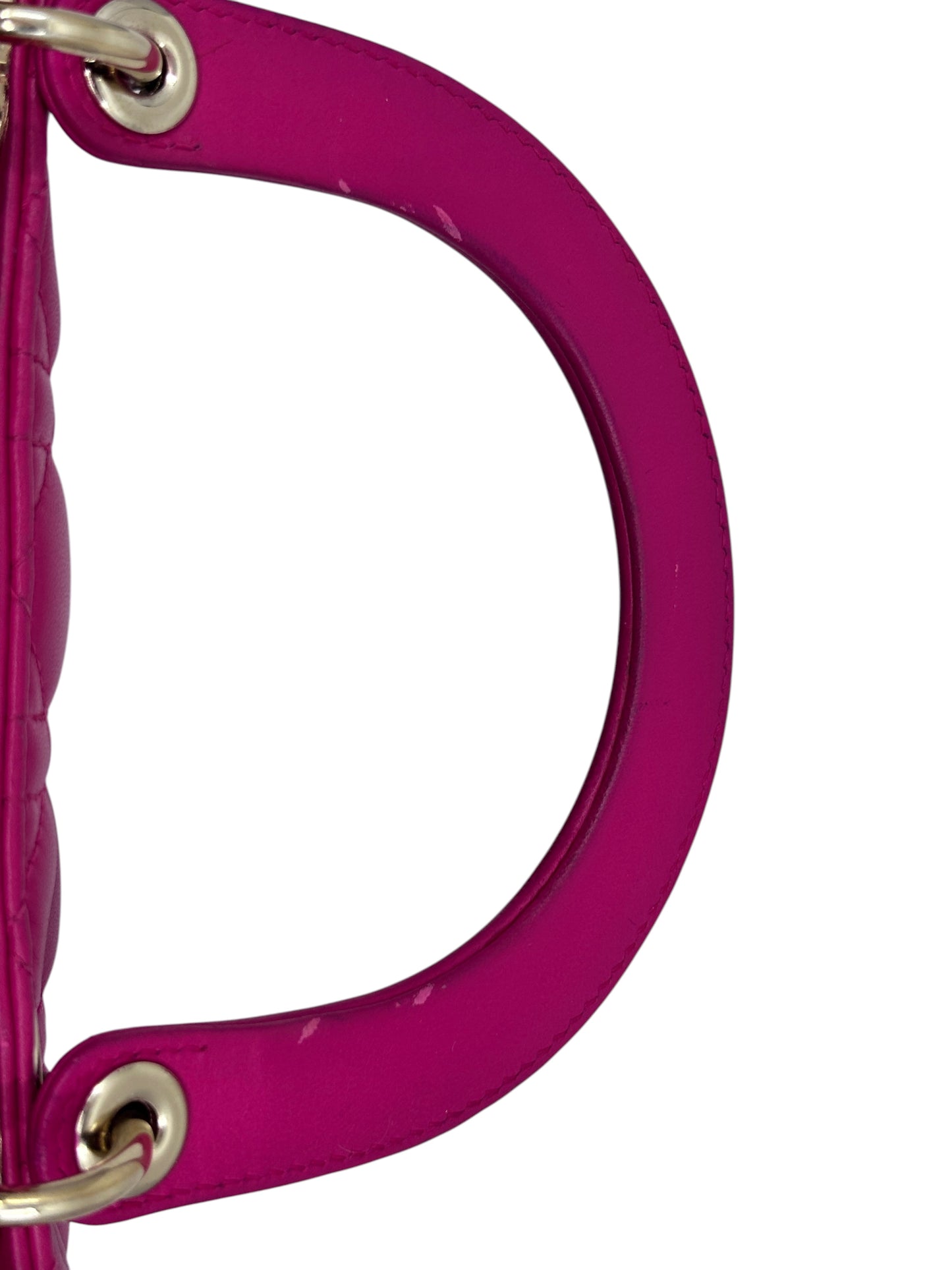 Posh Purse Co pink Lady Dior handbag rounded top handle with polished metal hardware and visible scuff marks