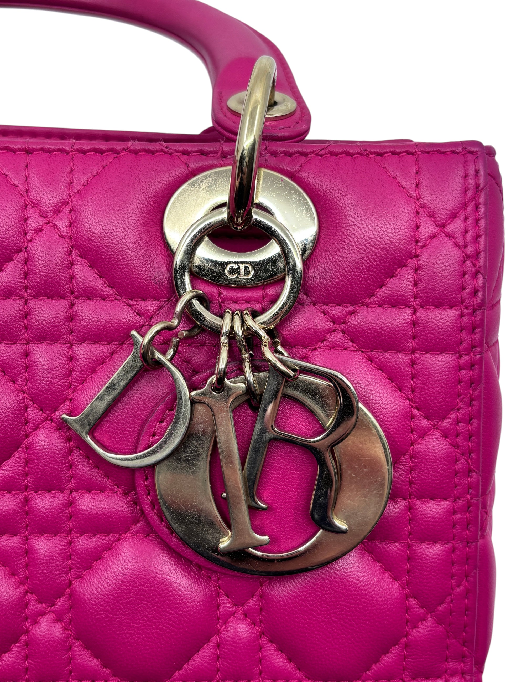 Posh Purse Co pink Lady Dior medium handbag featuring signature Cannage quilting and iconic silver metal letter charms