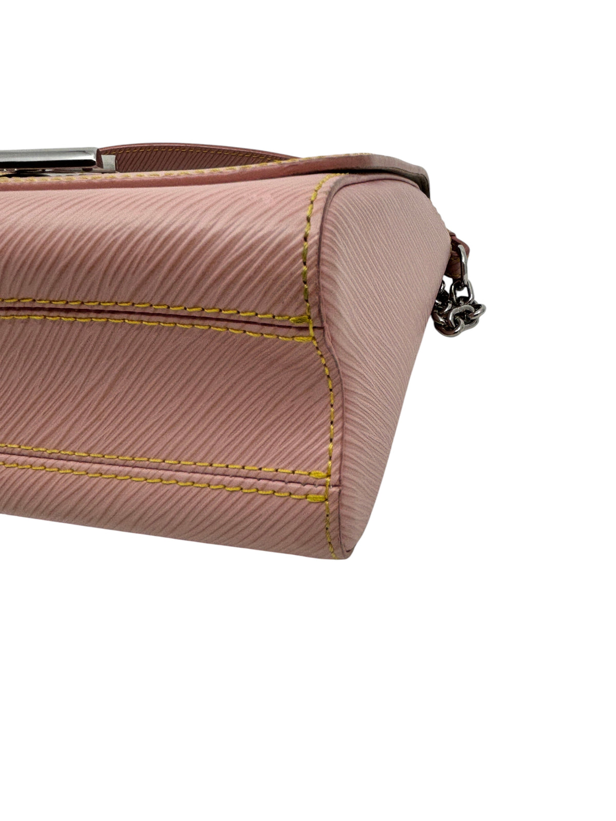 Posh Purse Co pink Epi leather Louis Vuitton Twist MM bag side view with yellow contrast stitching