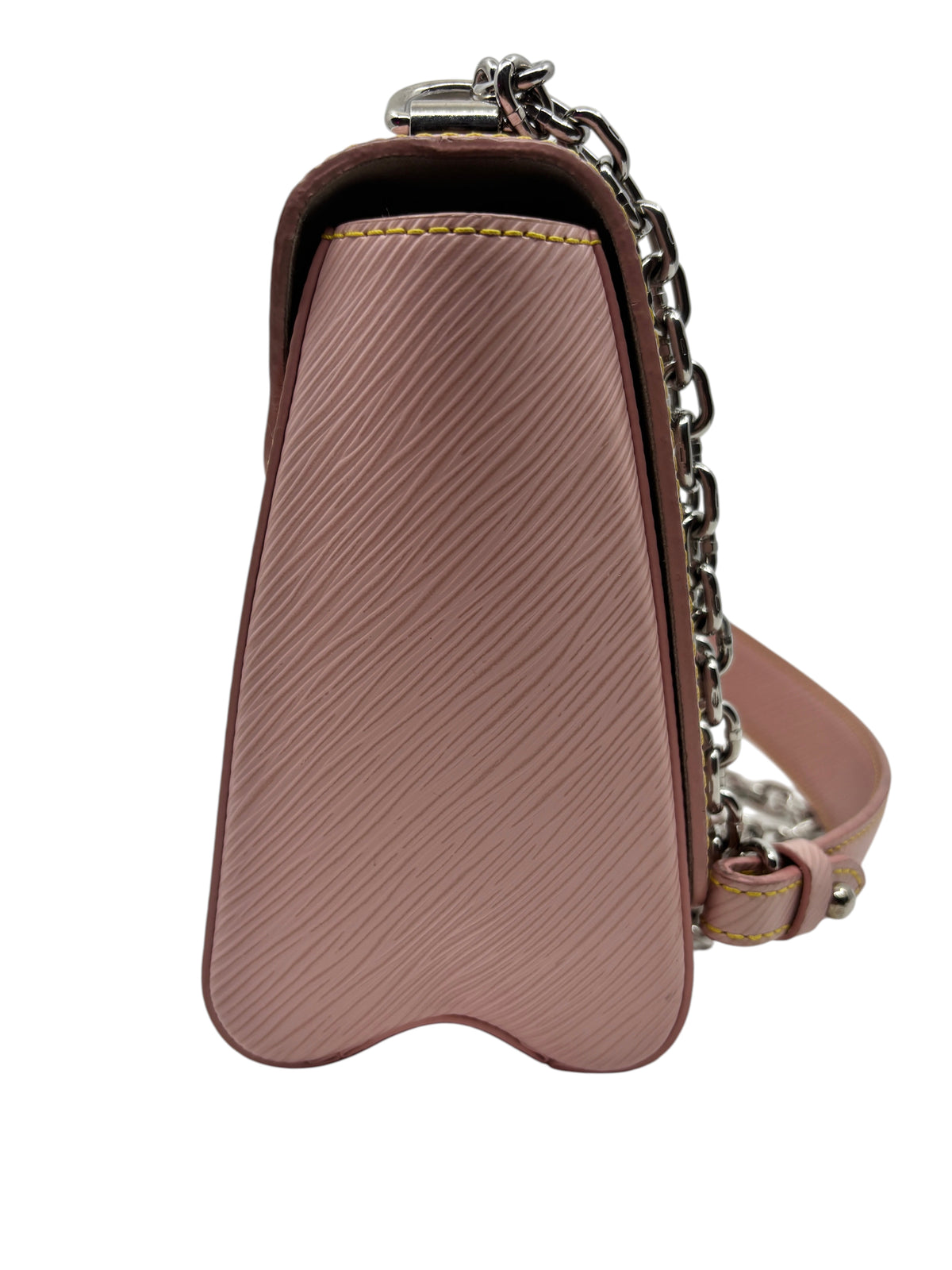 Posh Purse Co pink Epi leather Louis Vuitton Twist MM bag side view with silver chain strap