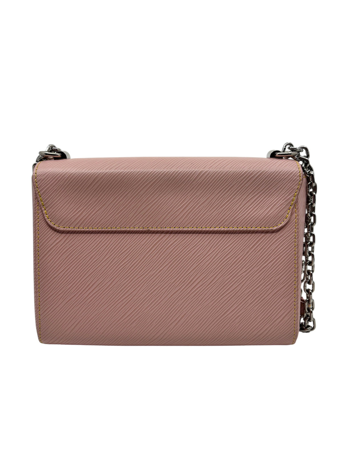 Posh Purse Co pink Epi leather Louis Vuitton Twist MM bag with silver chain strap, back view