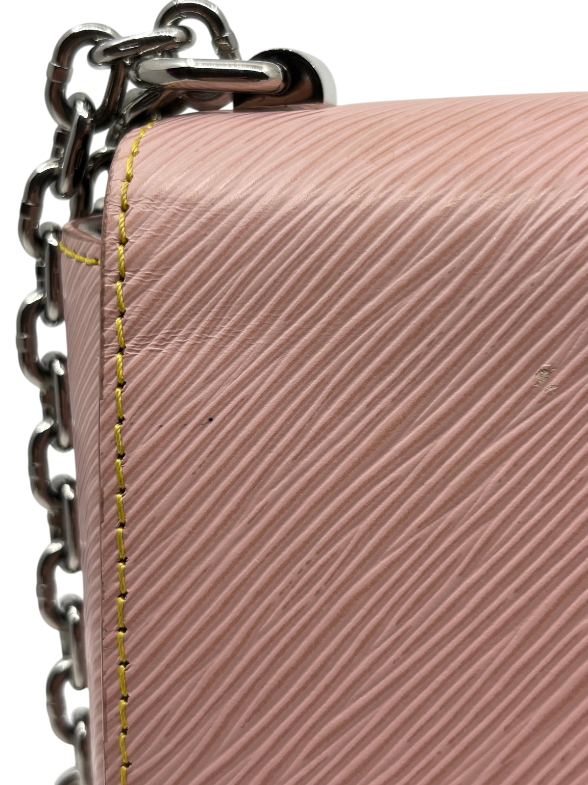 Posh Purse Co Louis Vuitton Epi leather Twist MM bag in light pink with yellow contrast stitching and silver chain