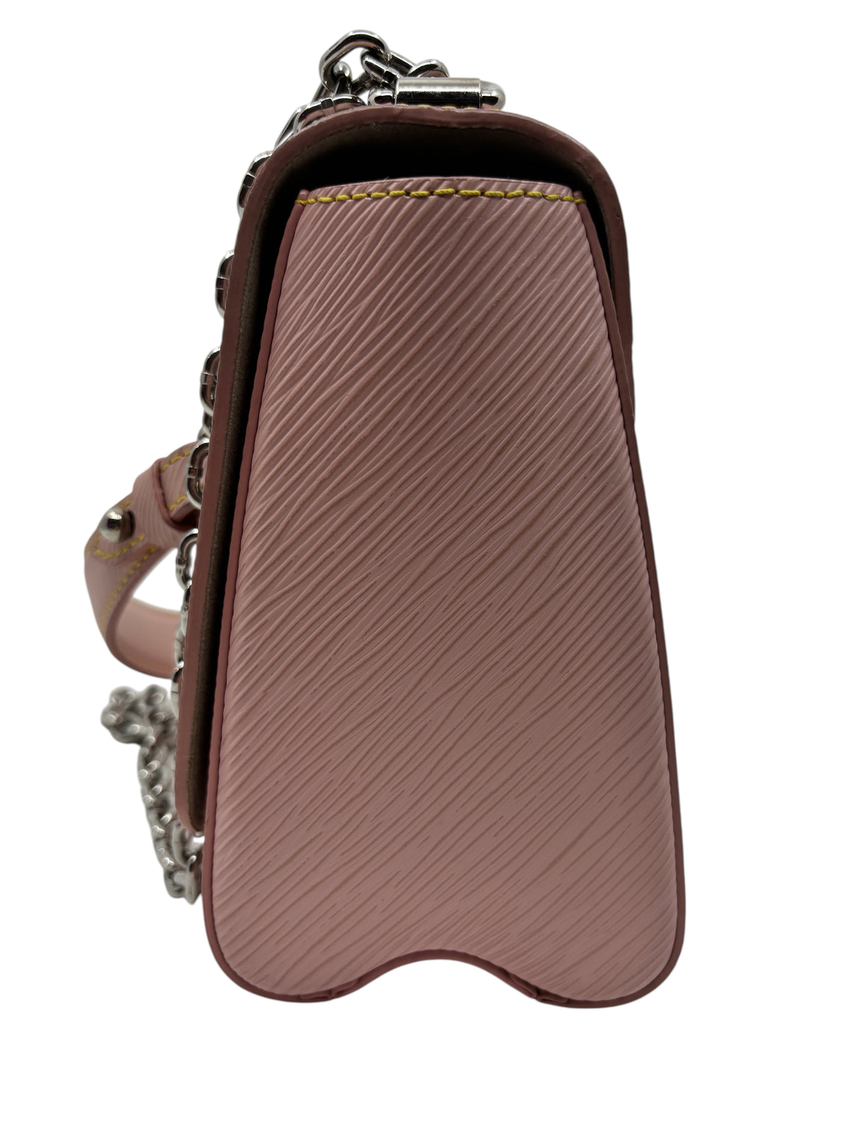 Side view of a pink Louis Vuitton Epi leather Twist MM bag with silver chain strap from Posh Purse Co