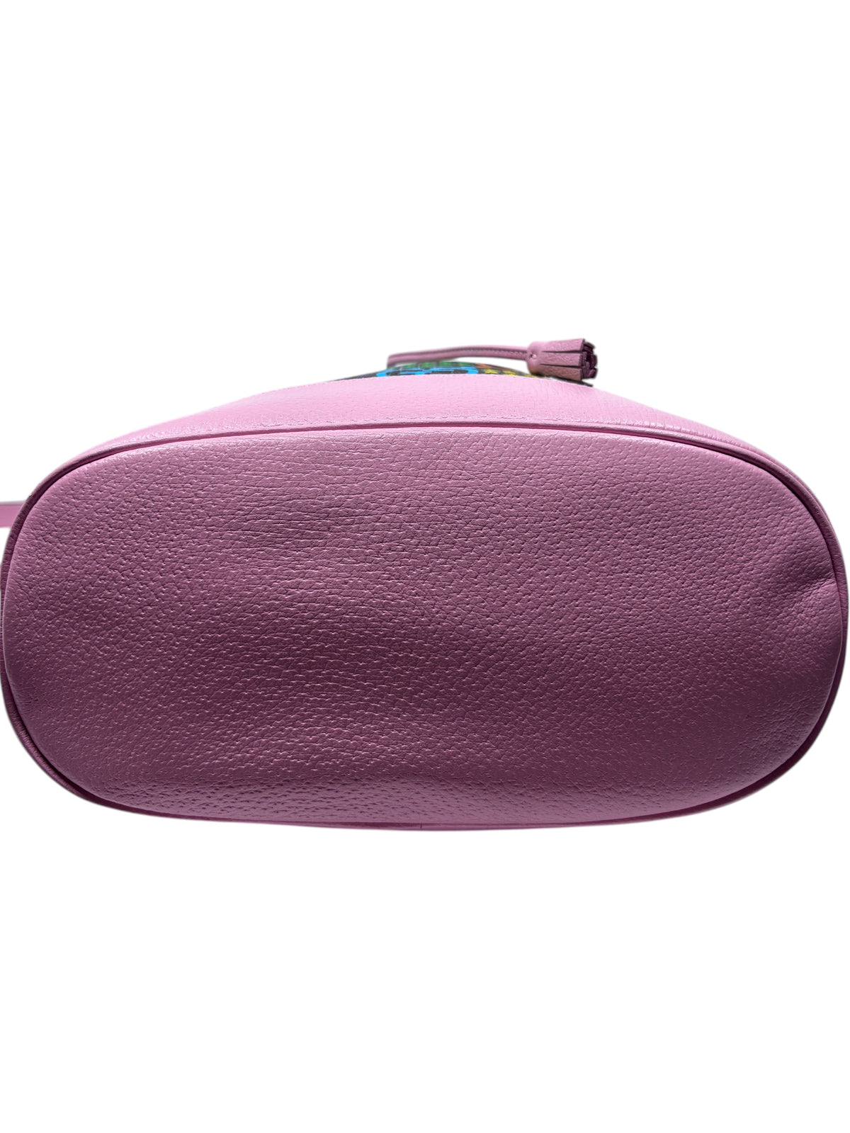 Posh Purse Co. pink Gucci GG Psychedelic bucket bag base view showing textured leather construction